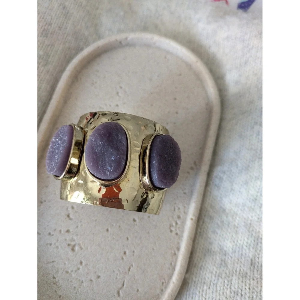 Graziano Wide Cuff Bracelet In Gold Tone Purple Druzy Stone Beads Chunky Whimsy